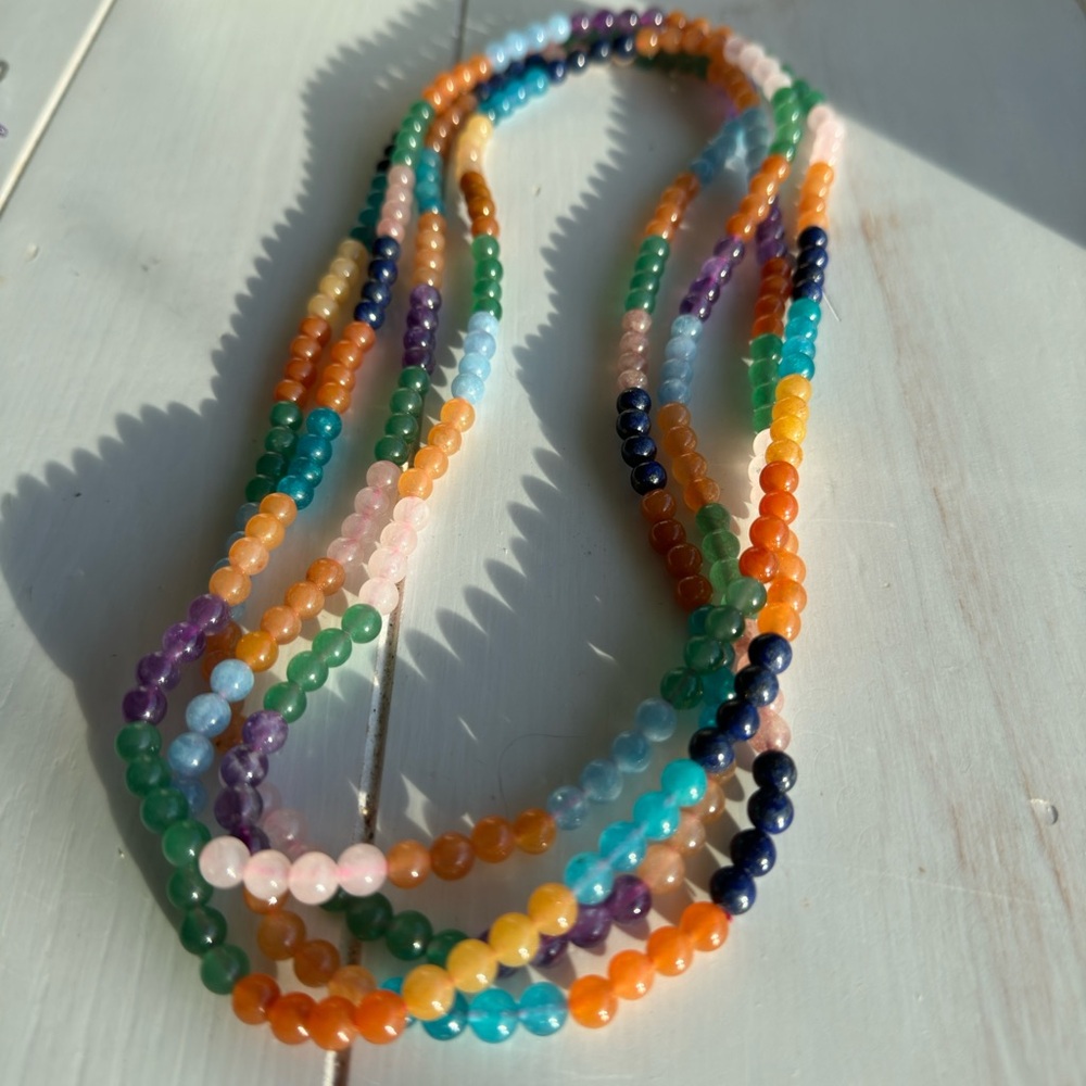 Rainbow Beaded necklace 22in stretch amethyst, aquamarine, lapis lazuli